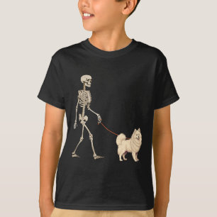 Funny American Eskimo Skeleton Dog Walking T-Shirt