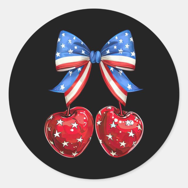 Funny American Flag Cherry Coquette Bow 4th Of Jul Classic Round Sticker (Front)