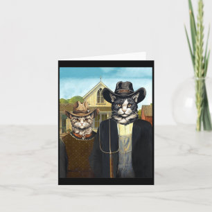 Funny American Gothic Cats Farmers Cowboy Cat Barn Card