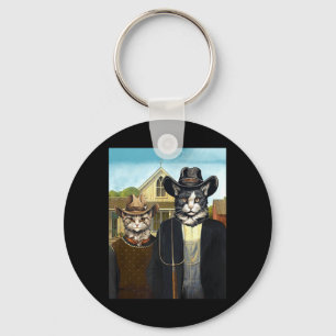 Funny American Gothic Cats Farmers Cowboy Cat Barn Key Ring