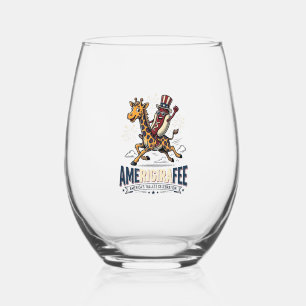 Funny Amerigiraffee Patriotic Giraffe Hot Dog Shir Stemless Wine Glass