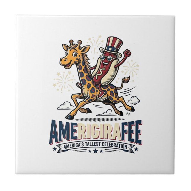 Funny Amerigiraffee Patriotic Giraffe Hot Dog Shir Tile (Front)