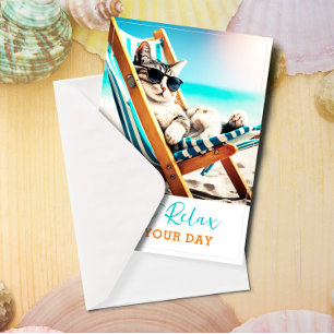 Funny and Cute Cat Birthday Card   Relax on Beach