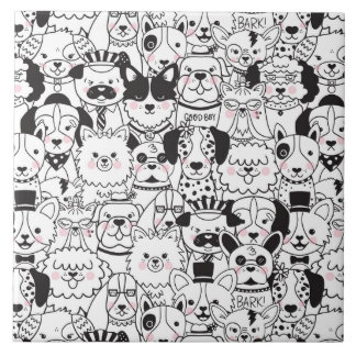 Funny and Cute Dog Breeds Black and White Pattern Tile