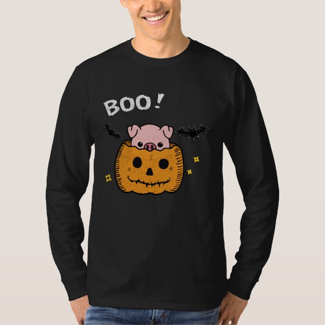 funny and cute piggy pig boo in pumpkin bats Hallo T-Shirt (Front)