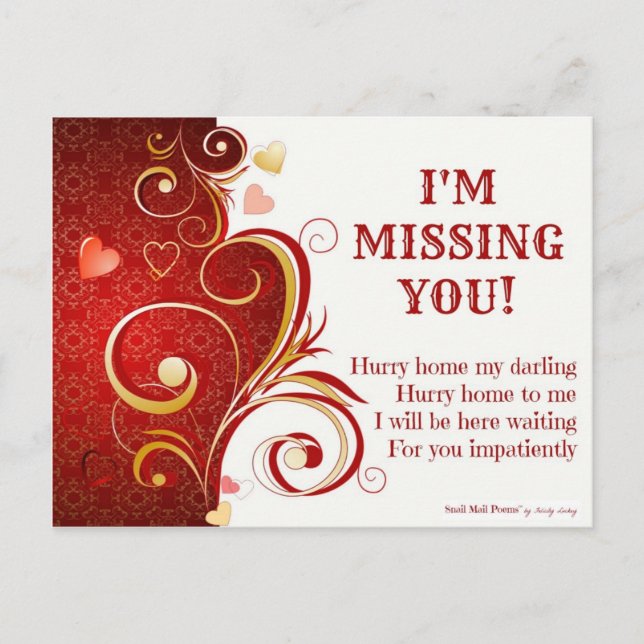 Funny and Romantic I Miss You Poem with Hearts Postcard (Front)