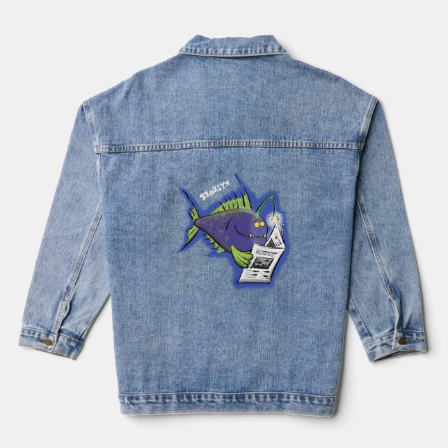 Funny angler fish cartoon  denim jacket (Back)