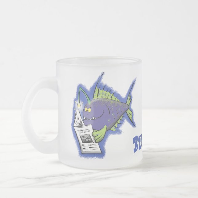 Funny angler fish cartoon frosted glass coffee mug (Left)