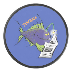 Funny angler fish cartoon hockey puck