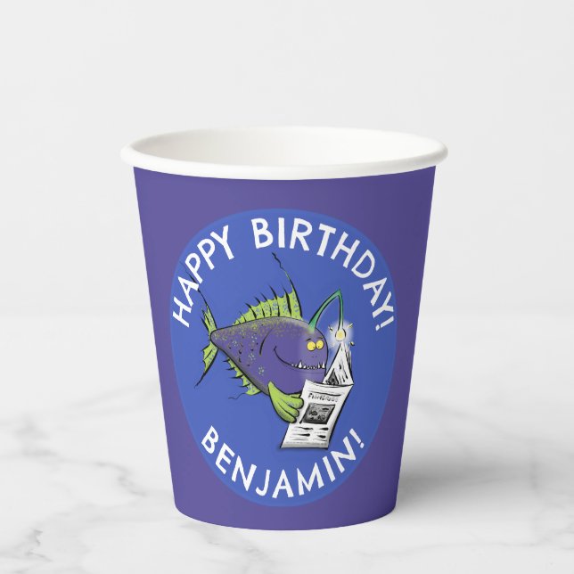 Funny angler fish cartoon personalised birthday paper cups (Front)
