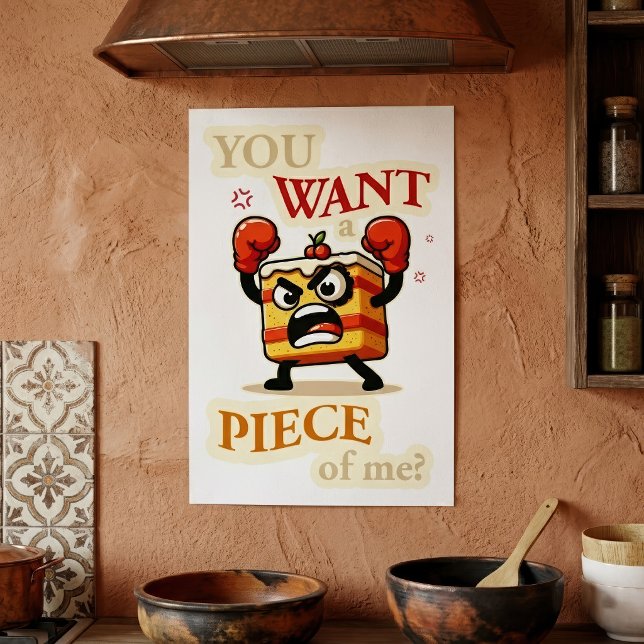 Funny Angry Cake Slice Ready to Fight Cartoon Poster (Funny Angry Cake Slice Ready to Fight Cartoon. Poster)