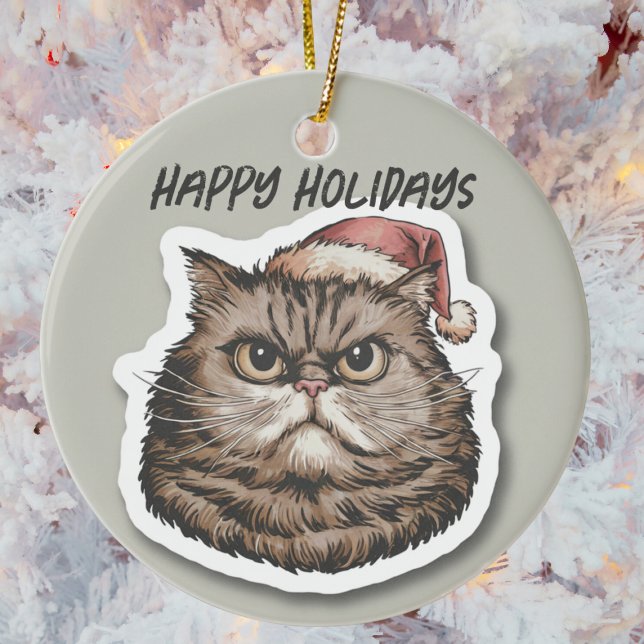Funny angry Cat Christmas holiday Ceramic Tree Decoration (Creator Uploaded)