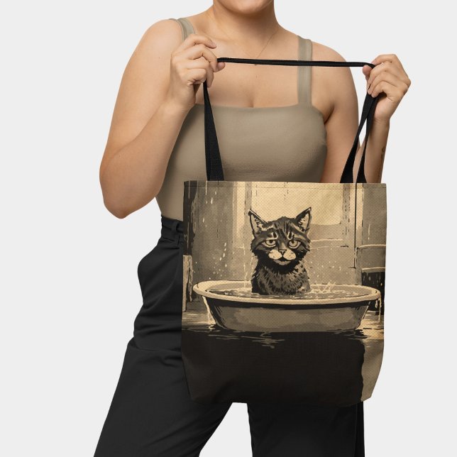 Funny Angry Cat in the Bathtub Black Brown  Tote Bag (Creator Uploaded)