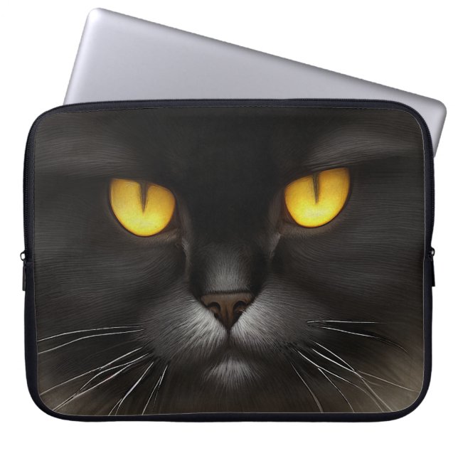 Funny Angry Fluffy Black Persian Kitty Cat Face Laptop Sleeve (Front)