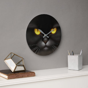 Funny Angry Fluffy Black Persian Kitty Cat Face Large Clock