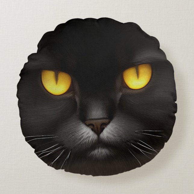 Funny Angry Fluffy Black Persian Kitty Cat Face Round Cushion (Front)
