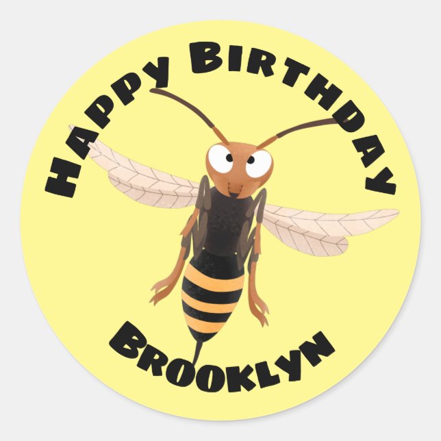 Funny angry hornet wasp cartoon illustration class classic round sticker (Front)