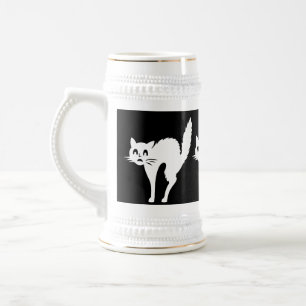 funny angry white cat with arched back halloween beer stein