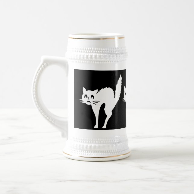 funny angry white cat with arched back halloween beer stein (Left)