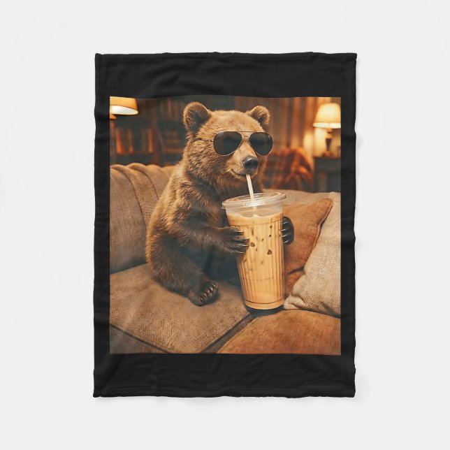 Funny animal bear drinking iced coffee on couch fleece blanket (Front)