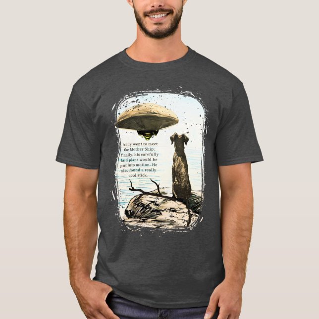 Funny animal dog alien spaceship UFO cool stick T-Shirt (Front)