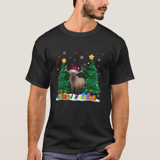 Funny Animal Lovers Elk Santa Hat Ugly Christmas S T-Shirt (Front)