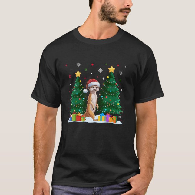 Funny Animal Lovers Meerkat Santa Hat Ugly Christm T-Shirt (Front)