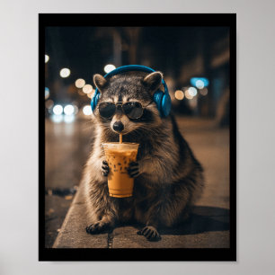 Funny animal meme racoon drinking iced coffee men poster