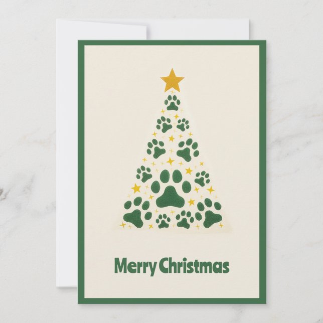 Funny Animal Paws Green Modern Christmas Tree Holiday Card (Front)