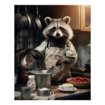 Funny Animal Poster Chef Racoon Cooking Wall Art 