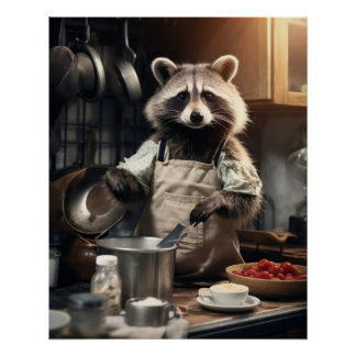 Funny Animal Poster Chef Racoon Cooking Wall Art 