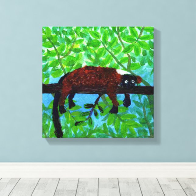 Funny Animal Red Lemur Painting Wildlife Canvas Print (Insitu(Wood Floor))