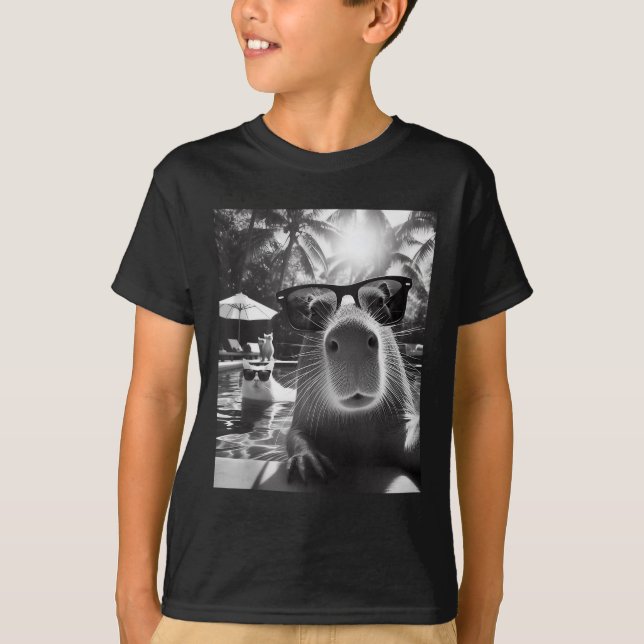 Funny Animal Swimming Pool Capybara Selfie With Ca T-Shirt (Front)
