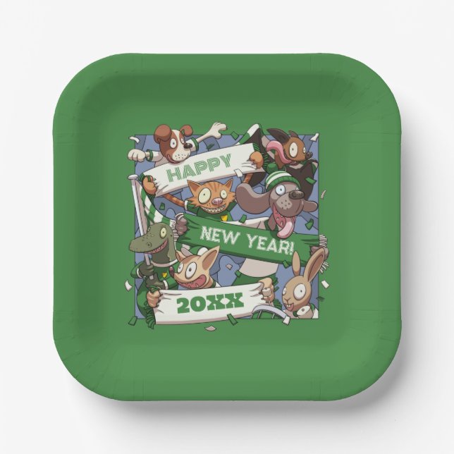 Funny Animals Add The New Year Sports Fans Cartoon Paper Plate (Front)