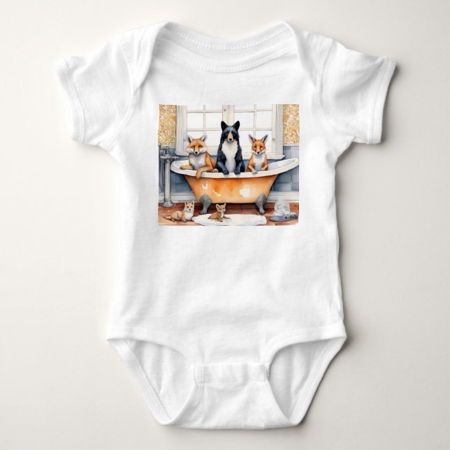 Funny animals in bath baby bodysuit (Front)
