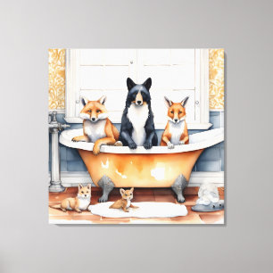 Funny animals in bath canvas print