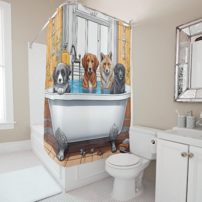 Funny animals in bath shower curtain (In Situ)