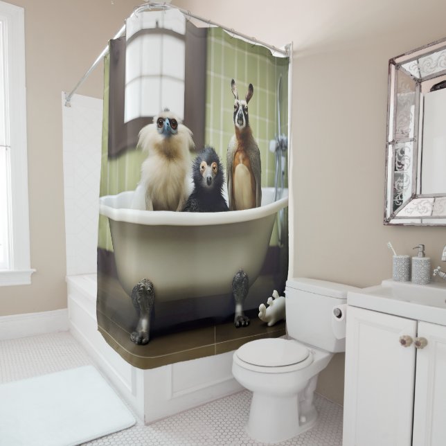 Funny animals in bathroom shower curtain (In Situ)