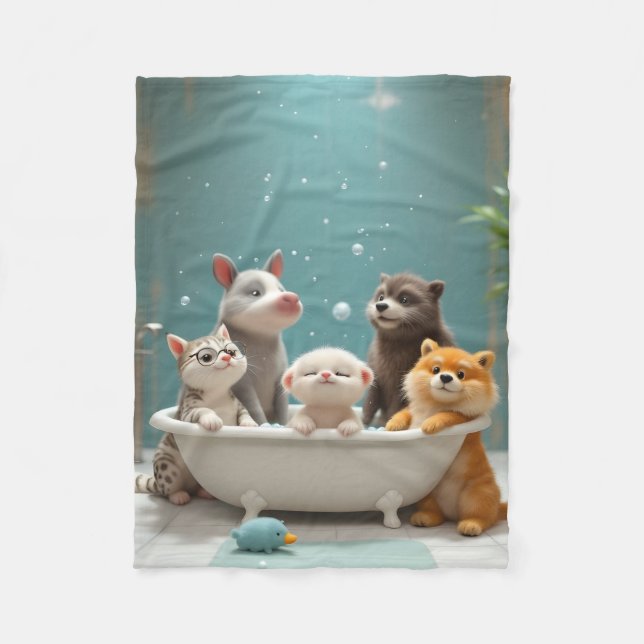 Funny animals in bathtub fleece blanket (Front)