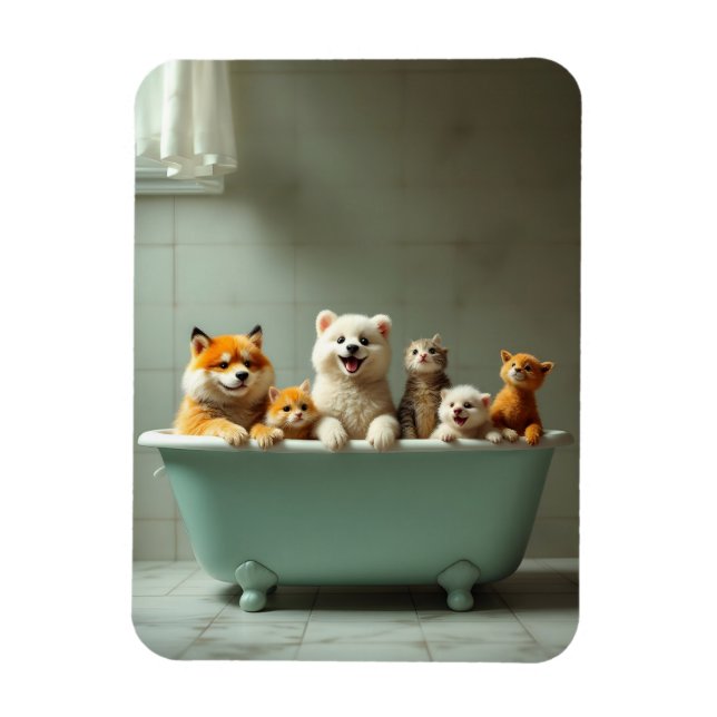 Funny animals in bathtub magnet (Vertical)