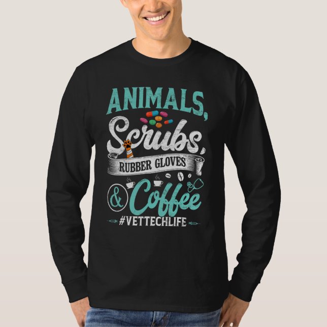 Funny Animals Scrubs Rubber Gloves And Coffee Vet  T-Shirt (Front)