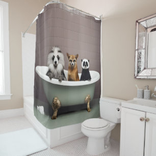 Funny animals sitting in bathtub in bathroom shower curtain