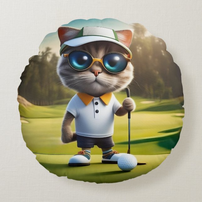 Funny Animated Cat Golf Player, Round Cushion (Front)