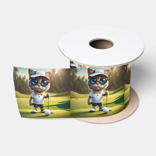 Funny Animated Cat Golf Player, Satin Ribbon (Spool)
