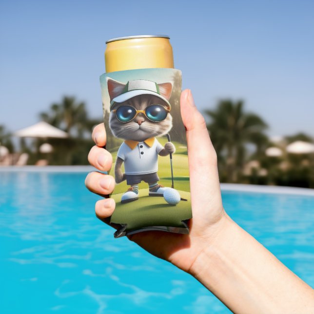 Funny Animated Cat Golf Player, Seltzer Can Cooler (In Situ Pool)