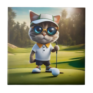 Funny Animated Cat Golf Player, Tile