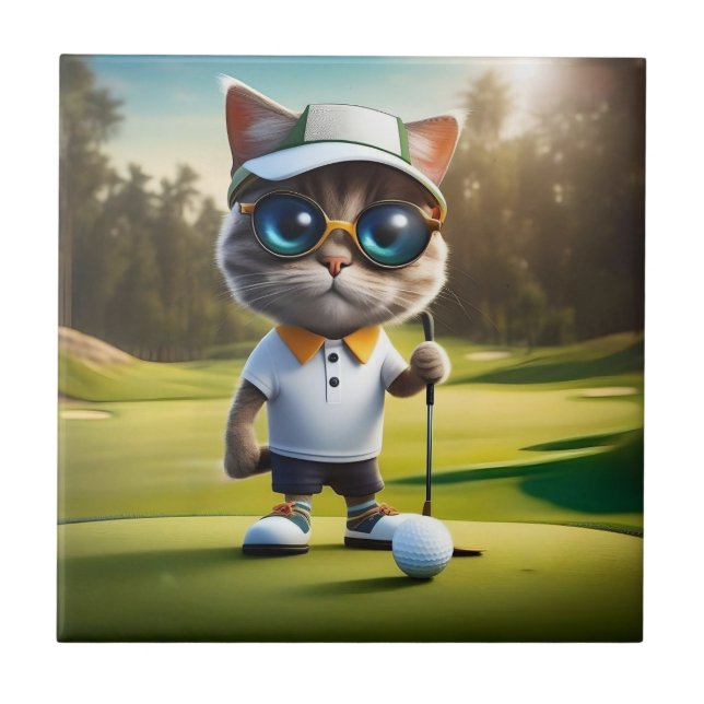 Funny Animated Cat Golf Player, Tile (Front)