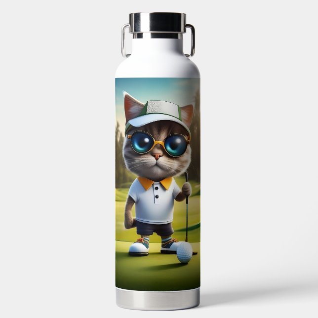 Funny Animated Cat Golf Player, Water Bottle (Front)