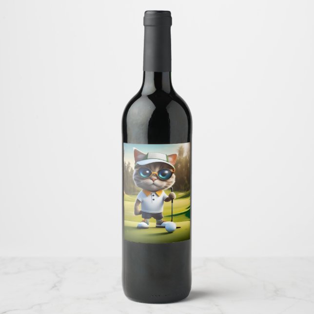 Funny Animated Cat Golf Player, Wine Label (Front)
