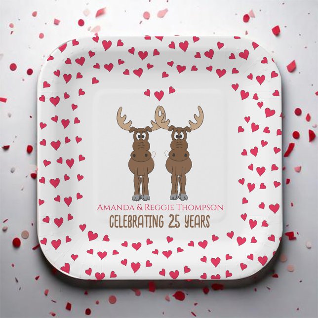 Funny Anniversary Personalised Paper Plate (Whimsical Moose Anniversary Party Paper Plate)